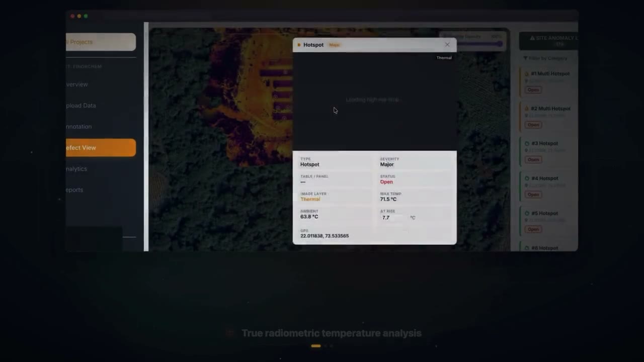AiServeSOLAR defect view — a thermal orthomosaic with a hotspot selected, showing severity, max temperature and GPS coordinates.